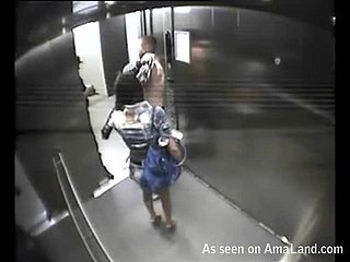 Heiße Brünette geht im Aufzug auf ihren Freund ein